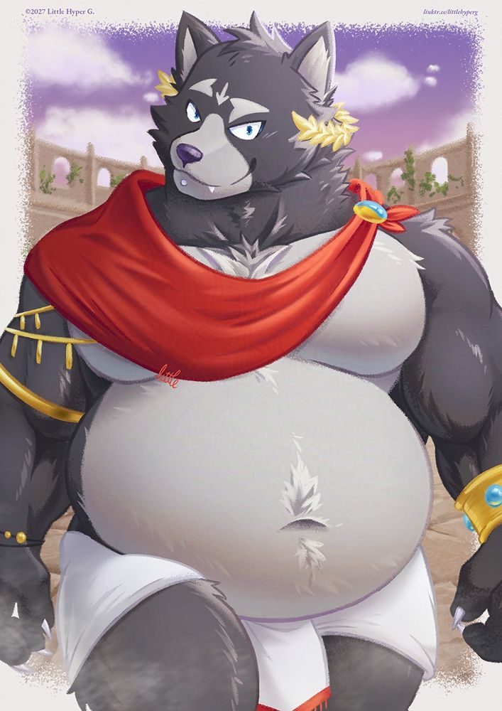 Amicus (from Adastra Furry Visual Novel by Echo Project) adorned with his red cape over his shoulder and a golden laurel wreath on his head is smiling while looking at the viewer. He wears all his gold accessories.