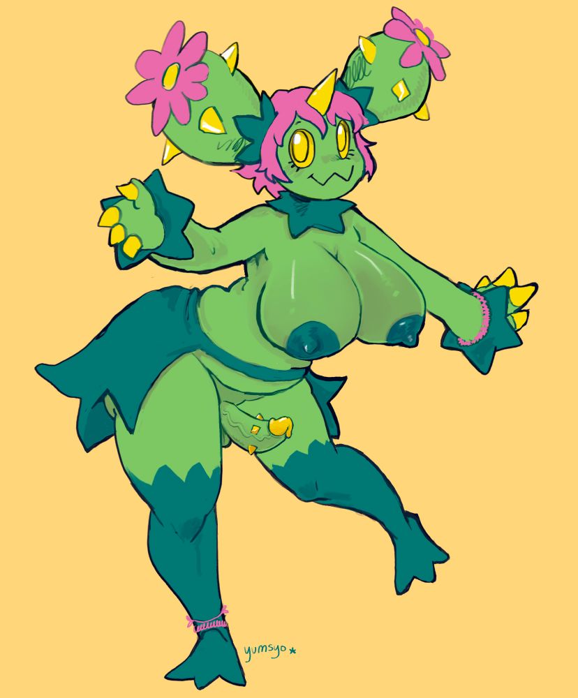 a maractus anthro girl with pink hair nude with her cock out.