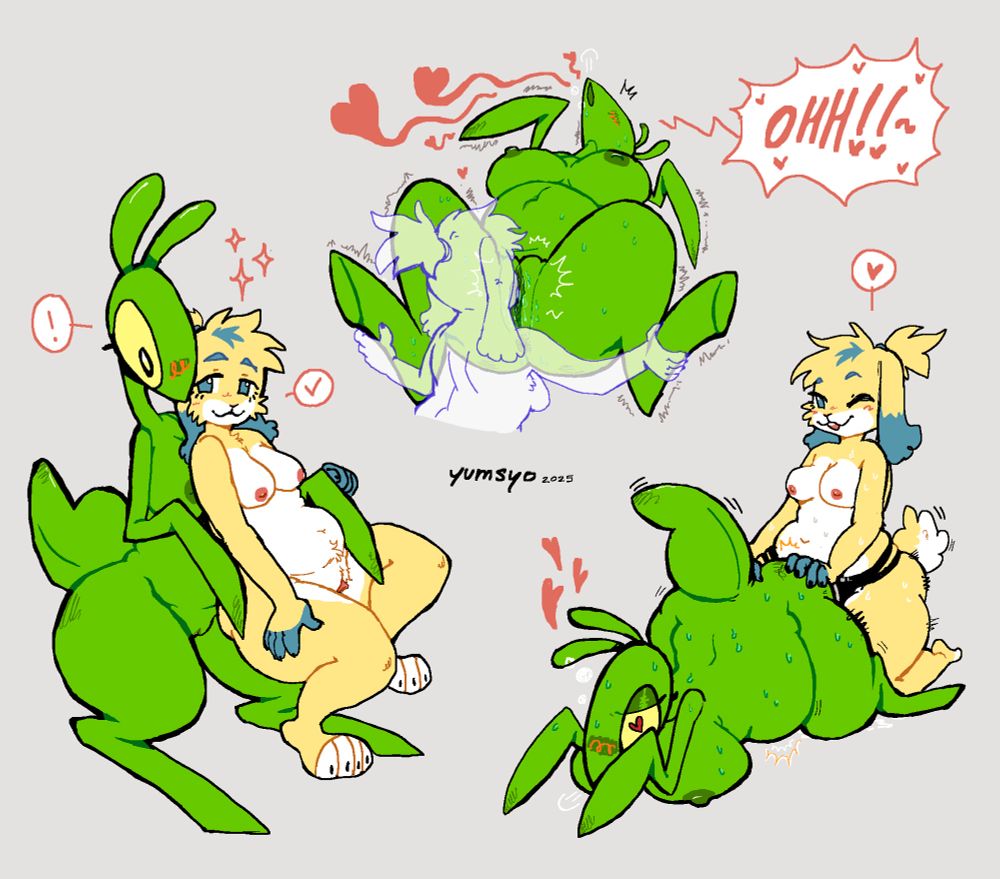 speckle the rabbit (they/he) and Libido!Manny (he/she/any) the preying mantis anthro cuddling and confirming consent. speckle eating out manny's pussy as she orgasms. speckle with a strap on fucking manny from behind. 

#furry #nsfw #rabbit #preyingmantis #bug #tboy