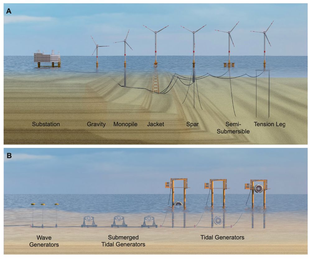 Illustration of different types of submerged structures of offshore renewable energy systems. A) wind power:(L-R) Substation Gravity pylon, Monopile, jacket, spar, semi-submersible and tension leg. Each support type has limits and optimal depths of deployment, and different potential refugia for invasive specis and biofouling.
B) Wave and tidal generators - (L-R) Wave generators, Submerged tidal power generators, emerged tidal generators at differing deployment phases