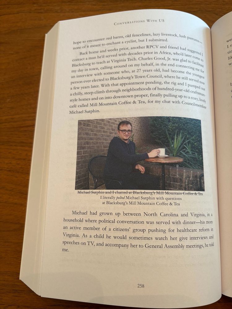 A page from Conversations with US featuring a photo of Michael at a Blacksburg coffee shop