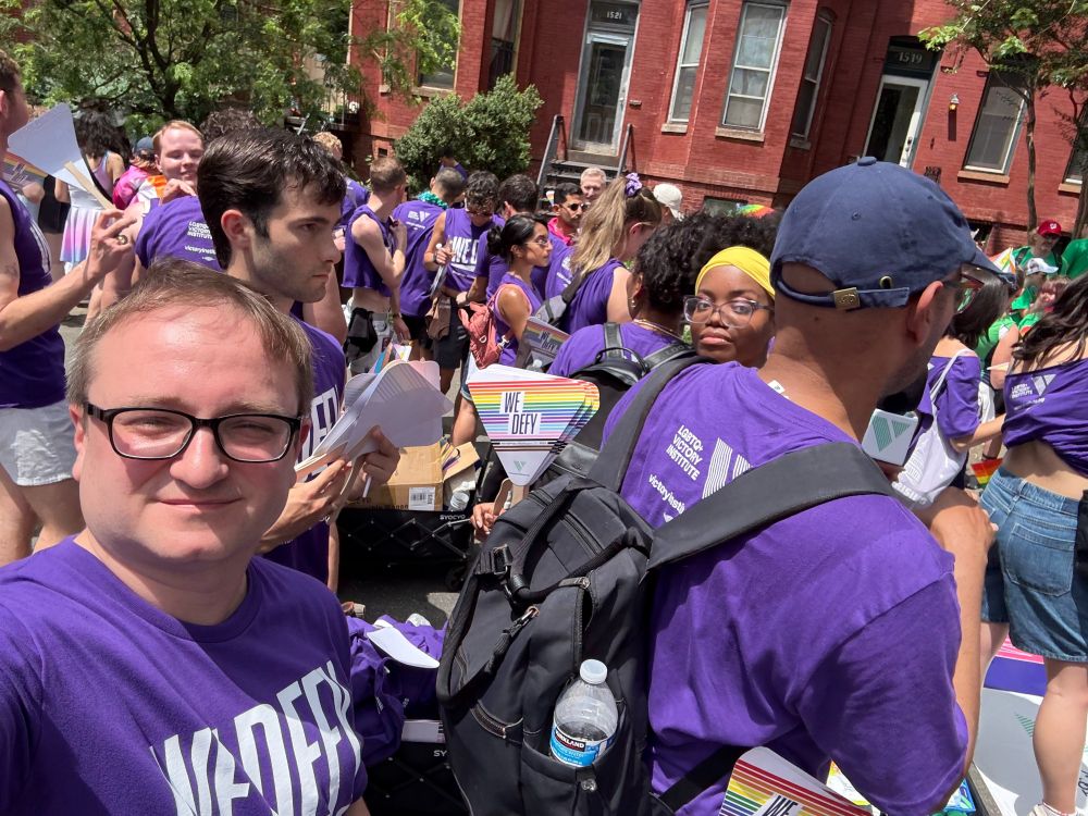 I'm getting ready for the parade with other participants.
