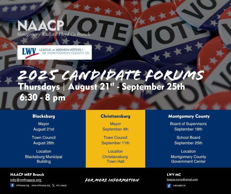 NAACP/League of Women Voters - 2025 Candidate Forums - Thursdays from 6:30 p.m. to 8 p.m.