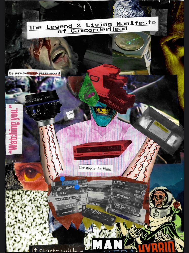 The front page of the original CAMCORDERHEAD short story, also written by me. Using collage, I constructed a crude image of a man with a half human, half camera head surrounded by horror imagery.