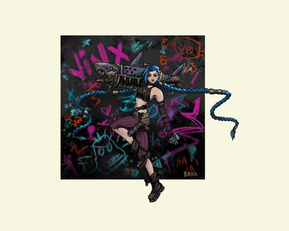 Jinx from Arcane in a sailor moon inspired pose, with her braids out to the side. She has a mouse shaped grenade in one hand and a large handheld canon shaped like a shark on her other shoulder. In the background are various doodles and graffiti