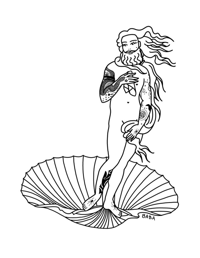 Coloring sheet of Ed in the style of Botticelli's birth of Venus