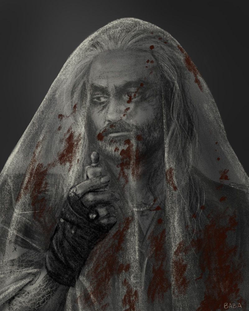 Digital pencil drawing of Ed in a blood spattered veil holding up the Stede cake topper