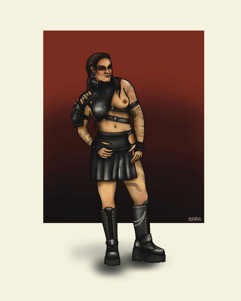 Digital illustration of Archie with a leather skirt, platform boots, and asymmetrical leather position that covers one breast and leaves the other exposed. 