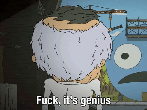 Mr. Boss looking at the Frowning Friends building saying "Fuck, it's genius."