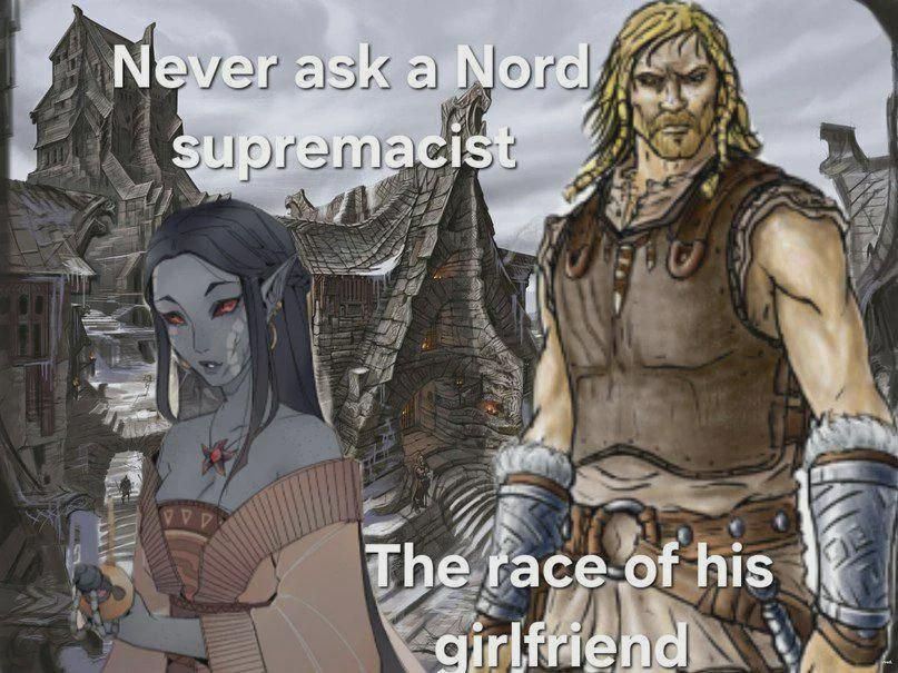Never ask a Nord supremacist the race of his girlfriend (the Nord is dating a Dunmer)