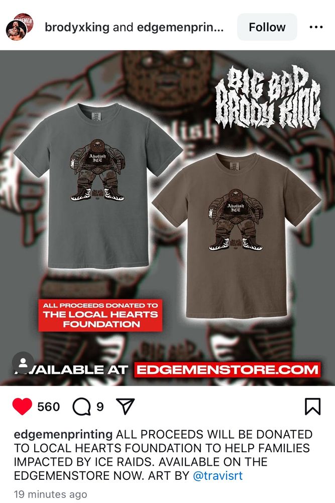 Screenshot of an Instagram post advertising Brody king’s new shirt with proceeds going to the Local Hearts Foundation.