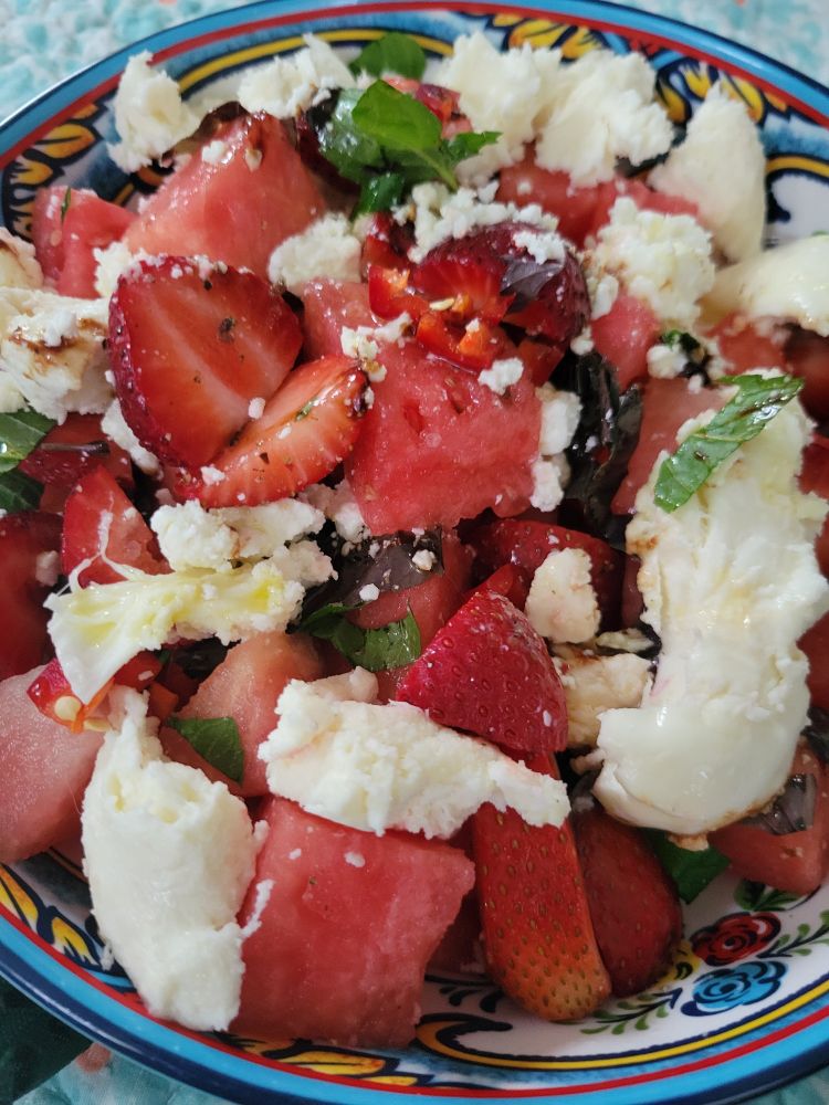 Watermelon salad with strawberry feta and fresh mozzarella. 