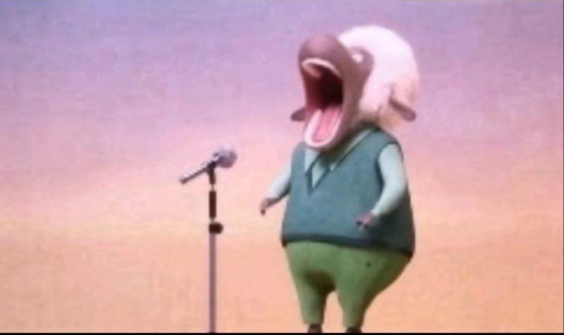 a cartoon sheep in clothes absolutely belting it on stage in front of a microphone 