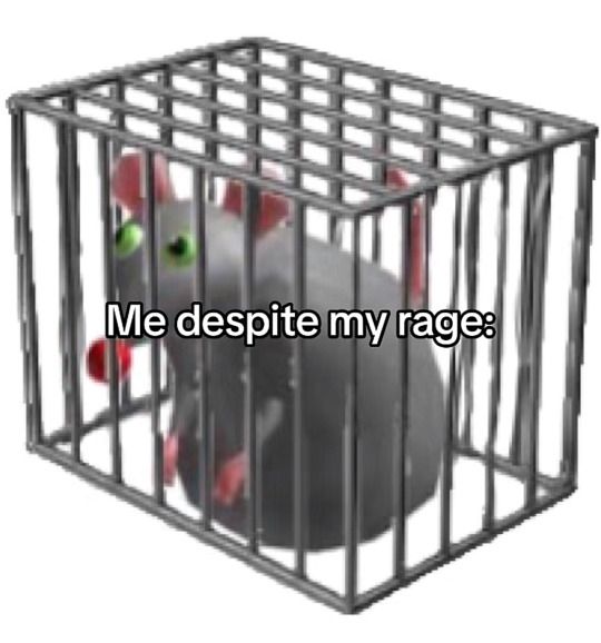 a cartoon rat in a cage with text over it reading "me despite my rage"