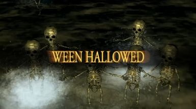 WEEN HALLOWED with ominous skeletons in the background