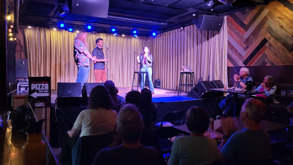 AME and Emmett Montgomery and Brett Hammil at Clockout Lounge's stage