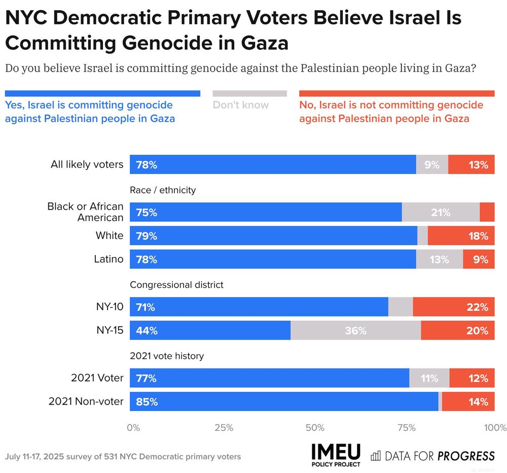 Bar chart of polling data from Data For Progress.
Title: NYC Democratic Primary Voters Believe Israel Is Committing Genocide in Gaza.
Description: Do you believe Israel is committing genocide against the Palestinian people living in Gaza?
Response Options:
A) Yes, Israel is committing genocide against Palestinian people in Gaza
B) Don't know
C) No, Israel is not committing genocide against Palestinian people in Gaza
All likely voters — 78% chose A, 9% chose B, 13% chose C
Black or African American — 75% chose A, 21% chose B, 4% chose C
White — 79% chose A, 3% chose B, 18% chose C
Latino — 78% chose A, 13% chose B, 9% chose C
NY-10 — 71% chose A, 7% chose B, 22% chose C
NY-15 — 44% chose A, 36% chose B, 20% chose C
2021 Voter — 77% chose A, 11% chose B, 12% chose C
2021 Non-voter — 85% chose A, 1% chose B, 14% chose C

July 11-17, 2025 survey of 531 NYC Democratic primary voters.