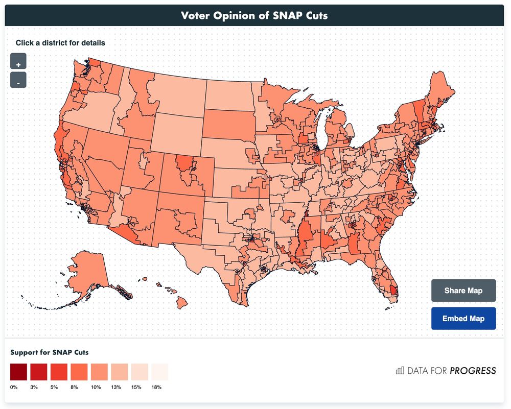 Map of the U.S. showing voter support for cuts to the Supplemental Nutrition Assistance Program (SNAP, or food assistance) by congressional district. Support for SNAP cuts ranges from 5% to 14%. Created by Data for Progress.
