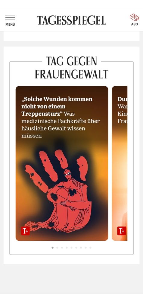 Screenshot der Tagesspiegel-Webseite mit Artikeln zum Tag zur Beseitigung von Gewalt gegen Frauen. Überschrieben ist der Abschnitt mit "Tag gegen Frauengewalt".