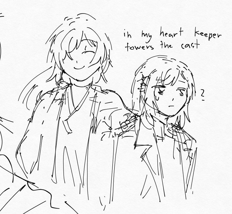 a scuffed doodle of a tall keeper who has her hand on mana (Lachesis or Atropos)