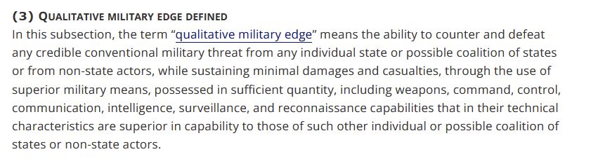 (3) Qualitative military edge defined
In this subsection, the term “qualitative military edge” means the ability to counter and defeat any credible conventional military threat from any individual state or possible coalition of states or from non-state actors, while sustaining minimal damages and casualties, through the use of superior military means, possessed in sufficient quantity, including weapons, command, control, communication, intelligence, surveillance, and reconnaissance capabilities that in their technical characteristics are superior in capability to those of such other individual or possible coalition of states or non-state actors.