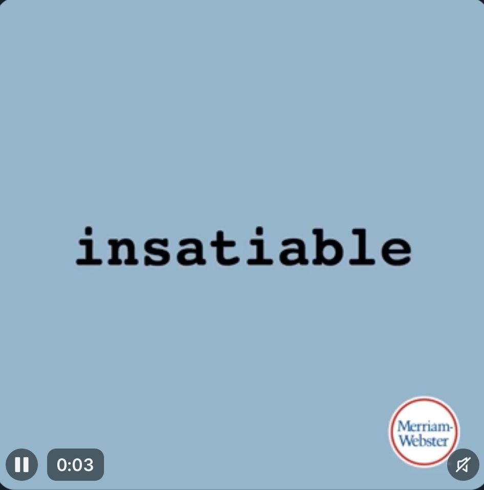 Light blue background with the word insatiable across the centre.  