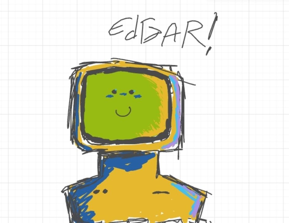 A drawing of an old 80s computer smiling, named "Edgar"