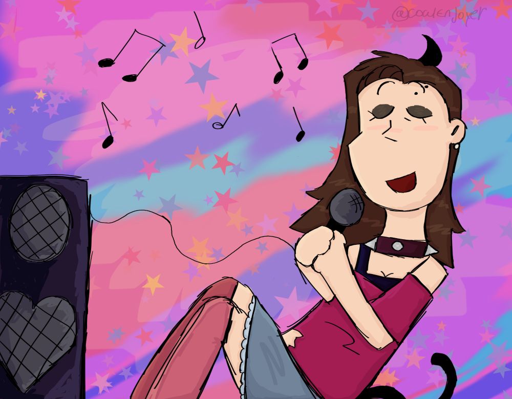 Pretty lady singing, sitting down, colored!