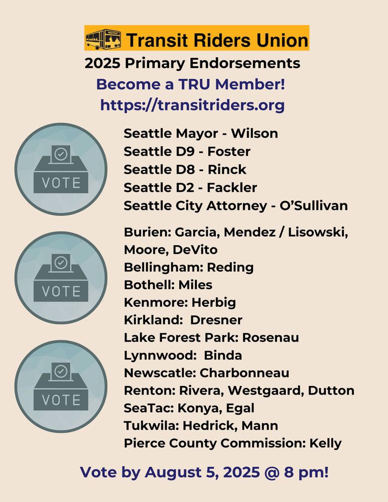 Transit Riders Union 2025 Primary Endorsements:

Katie Wilson for Seattle Mayor

Alexis Mercedes Rinck for Seattle City Council Position 8

Dionne Foster for Seattle City Council Position 9

Jamie Fackler for Seattle City Council Position 2

Rory O’Sullivan for Seattle City Attorney

Claudia Balducci and Girmay Zahilay for King County Executive

Andrew Reding for Bellingham City Council Ward 6

Brittany Miles for Bothell City Council Position 5

Hugo Garcia for Burien City Council Position 1

Sam Mendez and Rashell Lisowski for Burien City Council Position 3

Sarah Moore for Burien City Council Position 5

Rocco DeVito for Burien City Council Position 7

Nigel Herbig for Kenmore City Council Position 4

Kurt Dresner for Kirkland City Council Position 7

Josh Rosenau for Lake Forest Park City Council Position 3

Josh Binda for Lynnwood City Council Position 3

Paul Charbonneau for Newcastle City Council Position 6

Michael Westgaard for Renton City Council Position 1

Carmen Rivera for Renton City Council Position 2

Paul Dutton for Renton City Council Position 6

Caitlin Konya for SeaTac City Council Position 2

Mohamed Egal for SeaTac City Council Position 4

Hannah Hedrick for Tukwila City Council Position 3

Krysteena Mann for Tukwila City Council Position 7

Devin Rydel Kelly for Pierce County Charter Review Commission