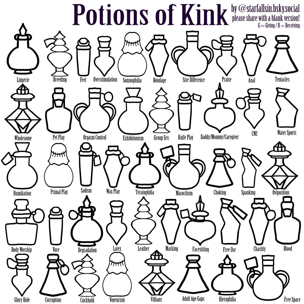 A blank sheet that reads:

“Potions of Kink
by @starfallsin.osky.social please share with a blank version!
G = giving / R = receiving”

It has various shaped bottles, similar to potion or perfume bottles, in 5 rows lined up together. Each bottle has a kink written underneath it.

Row 1: Lingerie, Breeding, Feet, Overstimulation, Somnophilia, Bondage, Size Difference, Praise, Anal, Tentacles

Row 2: Wholesome, Pet Play, Orgasm Control, Exhibitionism, Group Sex, Knife Play, Daddy/Mommy/Caregiver, CNC, Water Sports

Row 3: Humiliation, Primal Play, Sadism, Wax Play, Teratophilia, Masochism, Choking, Spanking, Oviposition

Row 4: Body Worship, Vore, Degradation, Latex, Leather, Marking, Facesitting, Free Use, Chastity, Blood

Row 5: Glory Hole, Corruption, Cuckhold,, Voyeurism, Villians, Adult Age Gaps, Hierophilia, Dacryphilia  Free Space
