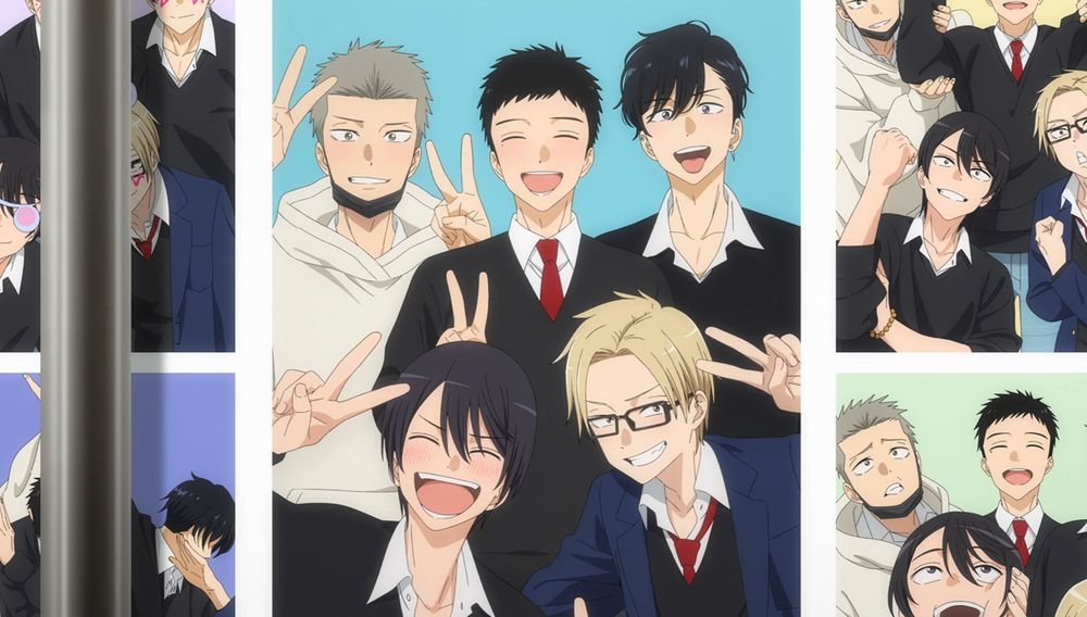 A cheerful group photo of Wakana Gojo and his new friends from My Dress-Up Darling Season 2, Episode 6. Gojo, standing in the back row center with a bright smile and a red tie, is flanked by his classmates, all making peace signs or grinning widely. The collage of snapshots around them shows silly and happy moments, symbolizing Gojo’s growing confidence and acceptance into their group.
