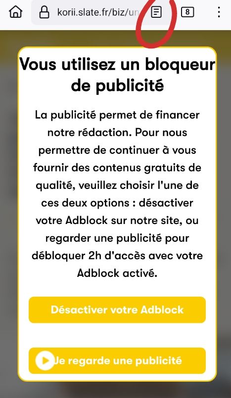 Pop-up qui s'affiche pour désactiver le bloqueur de publicité ou qui demande de regarder une publicité pour accéder à l'article.