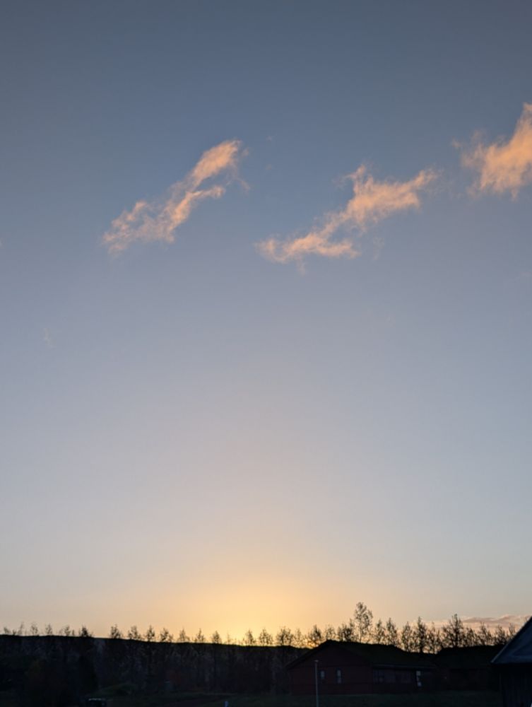 A moment just before sunrise. Blue sky with small slithers of wispy clouds colored peach from the sun just below the horizon. A line of trees traces the horizon.