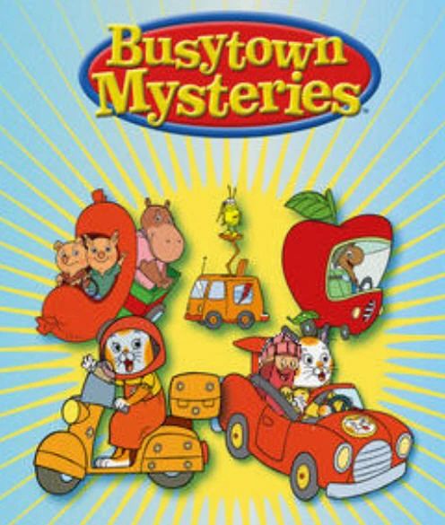 a cover for "Busytown Mysteries" showing a selection of whimsical vehicles being operated by animals