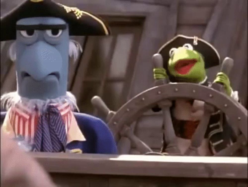 two muppets wearing pirate hats are sitting at the steering wheel of a boat