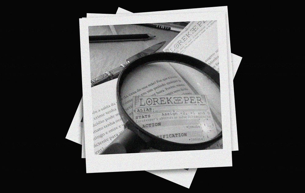 different polaroid pictures flicker on screen, showing the hand of a person using the Lorekeeper bookmarker to investigate a book. all around them, other tools that may become useful: a candle, a magnifying glass, a knife, a notebook, a pencil, an envelope, sheets of paper. the Lorekeeper bookmarker is always present, clawing through stories.