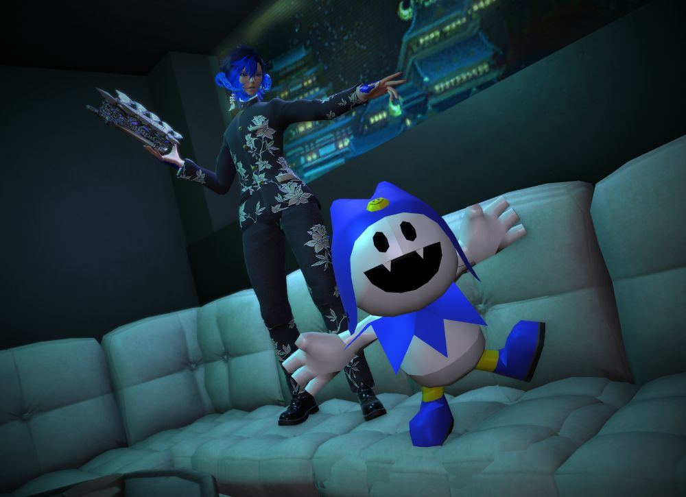 A blue scaled au ra stands atop a white couch. She's dressed like the protagonist of SMTV and summons a Jack Frost 