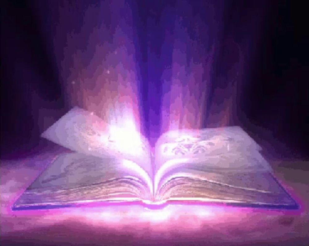 a book is open to a page with purple lights coming out of it