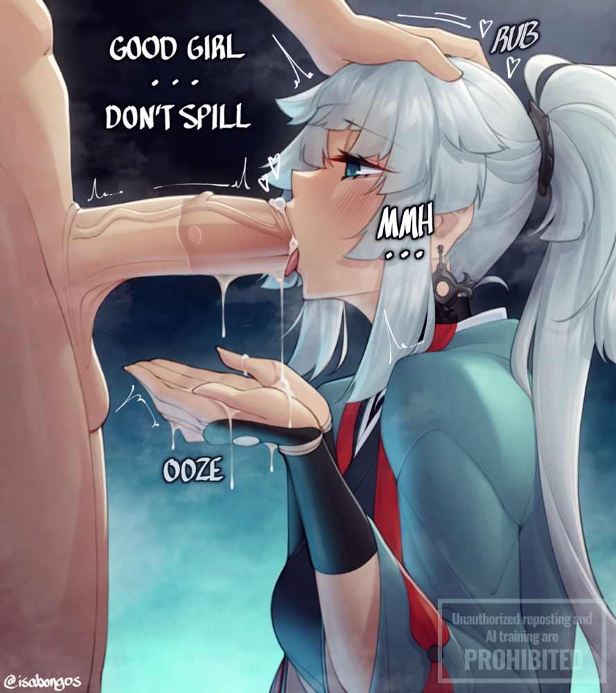 Yui Shousetsu from Fate/Samurai Remnant in a profile fellatio piece. The man pats and rubs her head as the tip of his penis ejaculates into her mouth. She holds out her cusped hands to collect the semen leaking from her mouth.