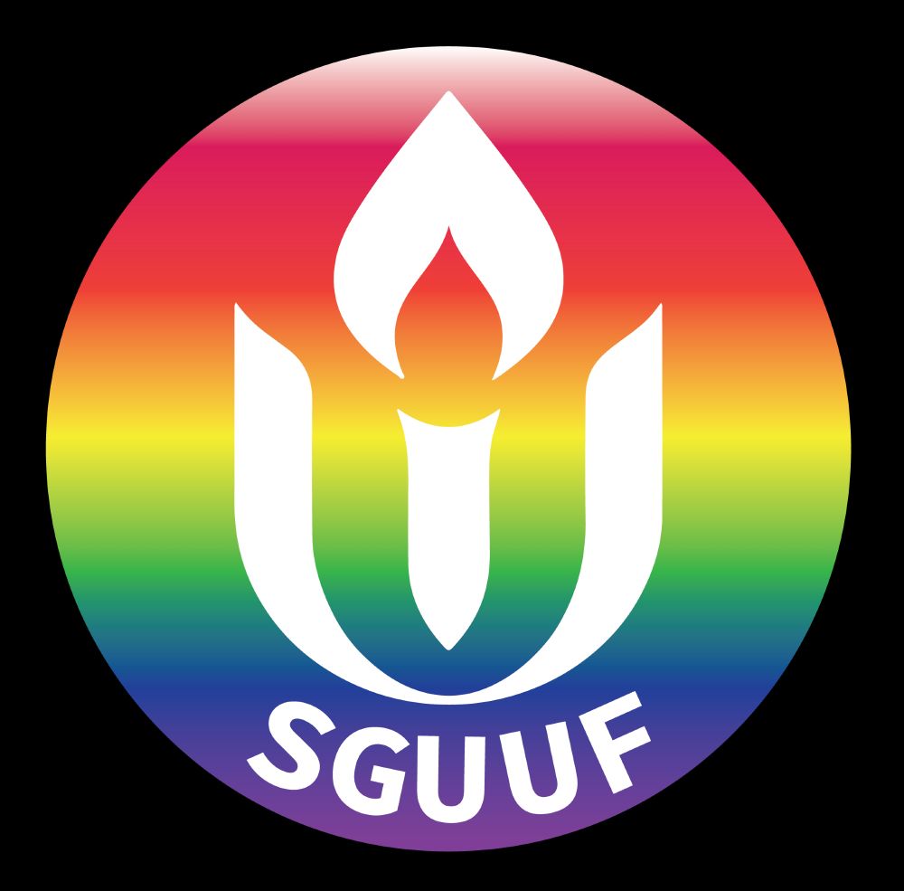 A logo for San Gabriel UU in Georgetown, Texas that is a vertical Rainbow Color Spectrum within a Circle that has a white Unitarian Universalist chalice and white letters spelling "SGUUF" overlay.