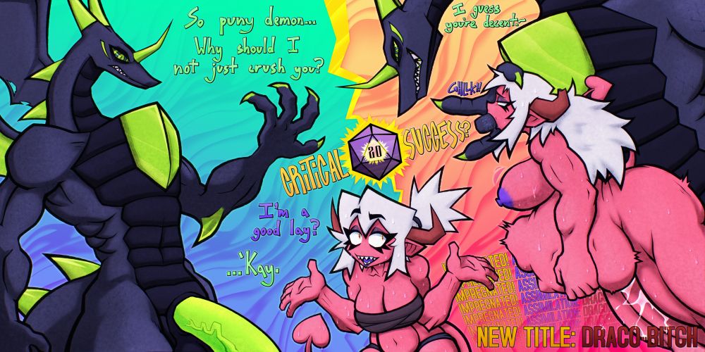 A large purple and green dragon with a big neon green dick asks Goni, a pink colored demon/shapeshifter why he shouldn't crush her. Goni responds, sweating bullets, by telling him she is a good lay. He acquiesces fucking her long and hard filling her with so much cum it can't help but spill out~! With this she gains the ability to shapeshift into a dragon and will have to deal with all that cum but that comes with the territory.