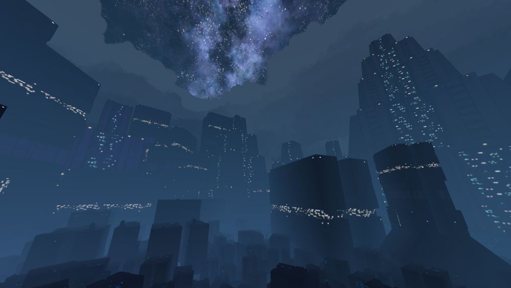 Hazey cyberpunk city from a distance at night