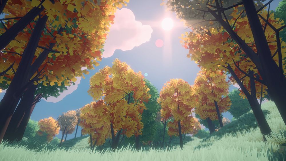 stylized autumn forest with lush grass oak trees and a sun flare glaring- bright blue skies and perfect clouds floating past