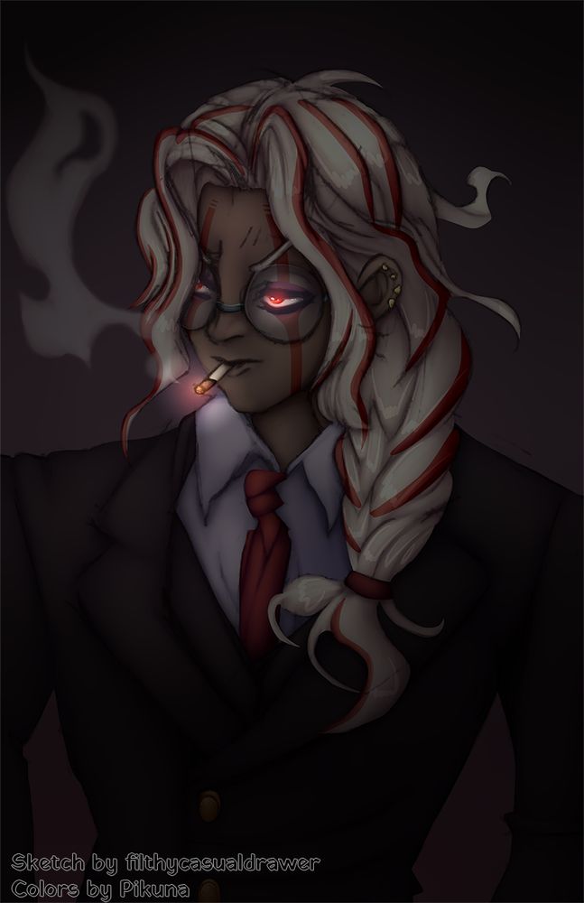 Transformed Okarun with a braided ponytail and black suit smoking a cigarette. Picture is darker with glow effects on the cigarette and eye.