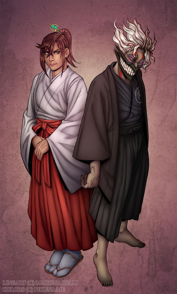 Momo Ayase and Okarun Transformed standing side by side. They're older. Momo is wearing a shrine maiden outfit, while Okarun is wearing traditional japanese clothes.