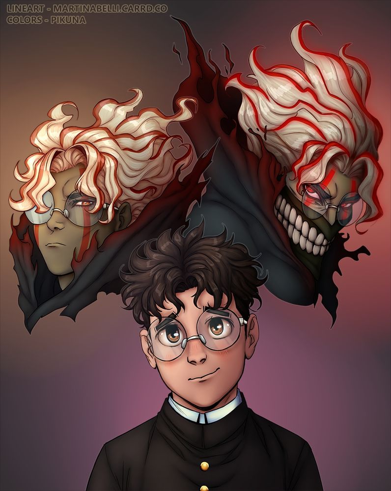 Fanart of Okarun from DanDaDan, showing his three designs as headshots/busts. 