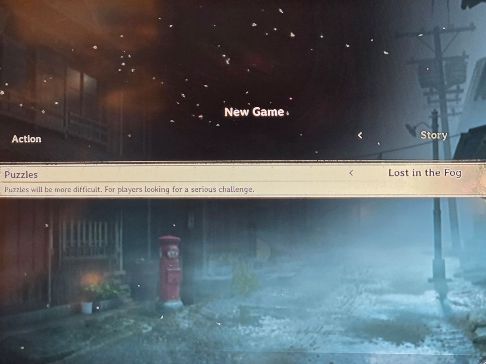 The difficulty select screen for Silent Hill f. Action level is set at "Story" and Puzzle level is set at "Lost in the Fog". One level beyond "Hard"