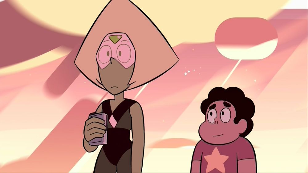 Peridot looks off in the distance holding her tape recorder while Steven looks at her with sympathy