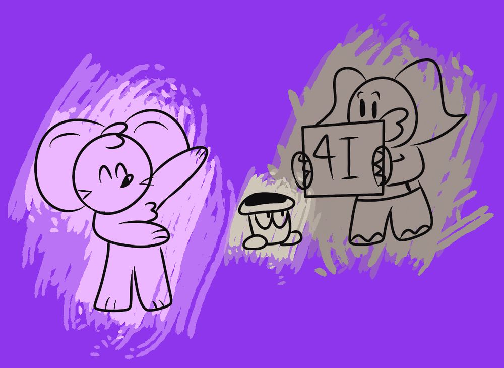 Drawing showing Chili presenting Larry holding a sign saying “4I”, with a Pipal looking at Larry
