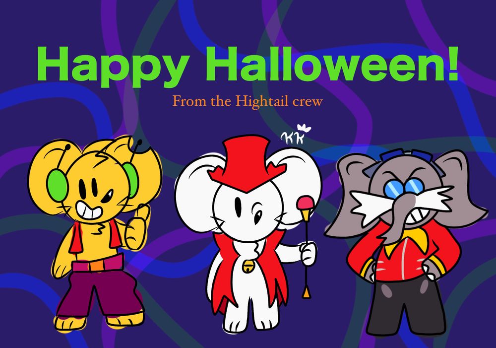 Drawing featuring, from left to right, Scotch dressed as Curly Brace, Chili dressed as Daroach, and Larry dressed as Doctor Eggman.
